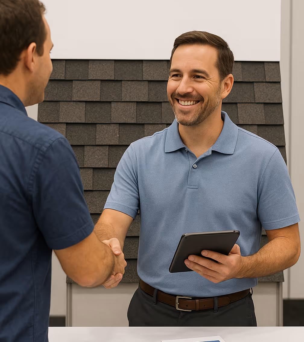 A photo of a local roofer at a tradeshow, behind a simple booth table, holding a tablet and shaking hands with a new customer lead.