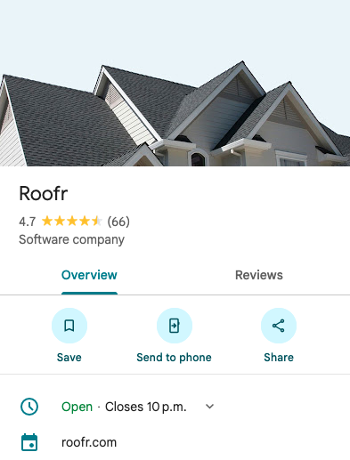 A screenshot of Roofr's own Google Business Profile (GBP) as of August 2025, showing an image of a roof, a 4.7 star average rating, and other information.