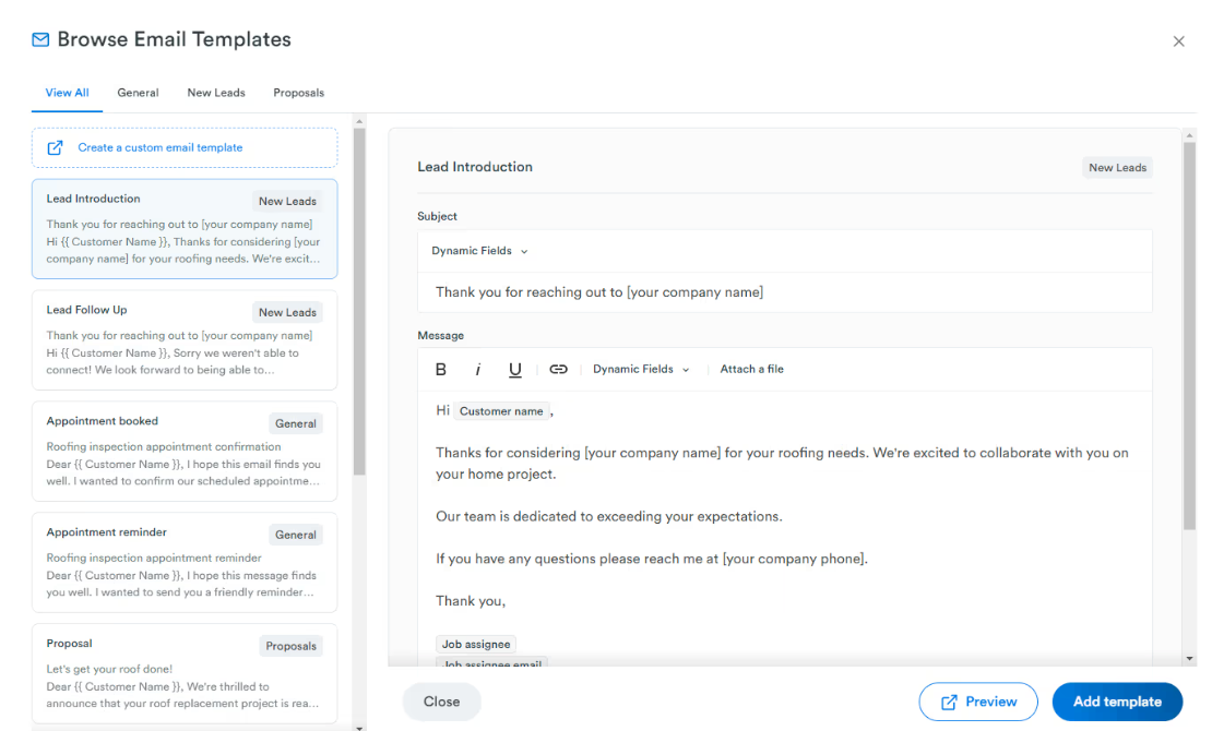 A screenshot of Roofr's inbox feature, showing off easy customizable email templates and automation setup. 