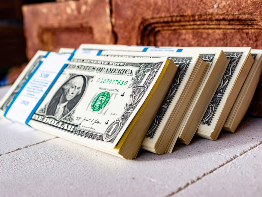 Stacks of US dollar bills leaned up against bricks and roofing materials. Photo by Marek Studzinski from Unsplash.