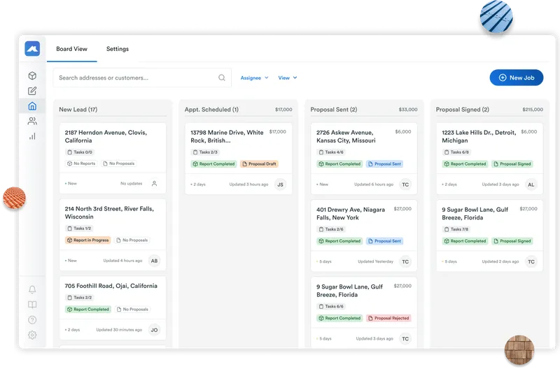 A screenshot of Roofr's CRM, showing job cards sorted into columns by new lead, appointment scheduled, proposal sent, and proposal signed.