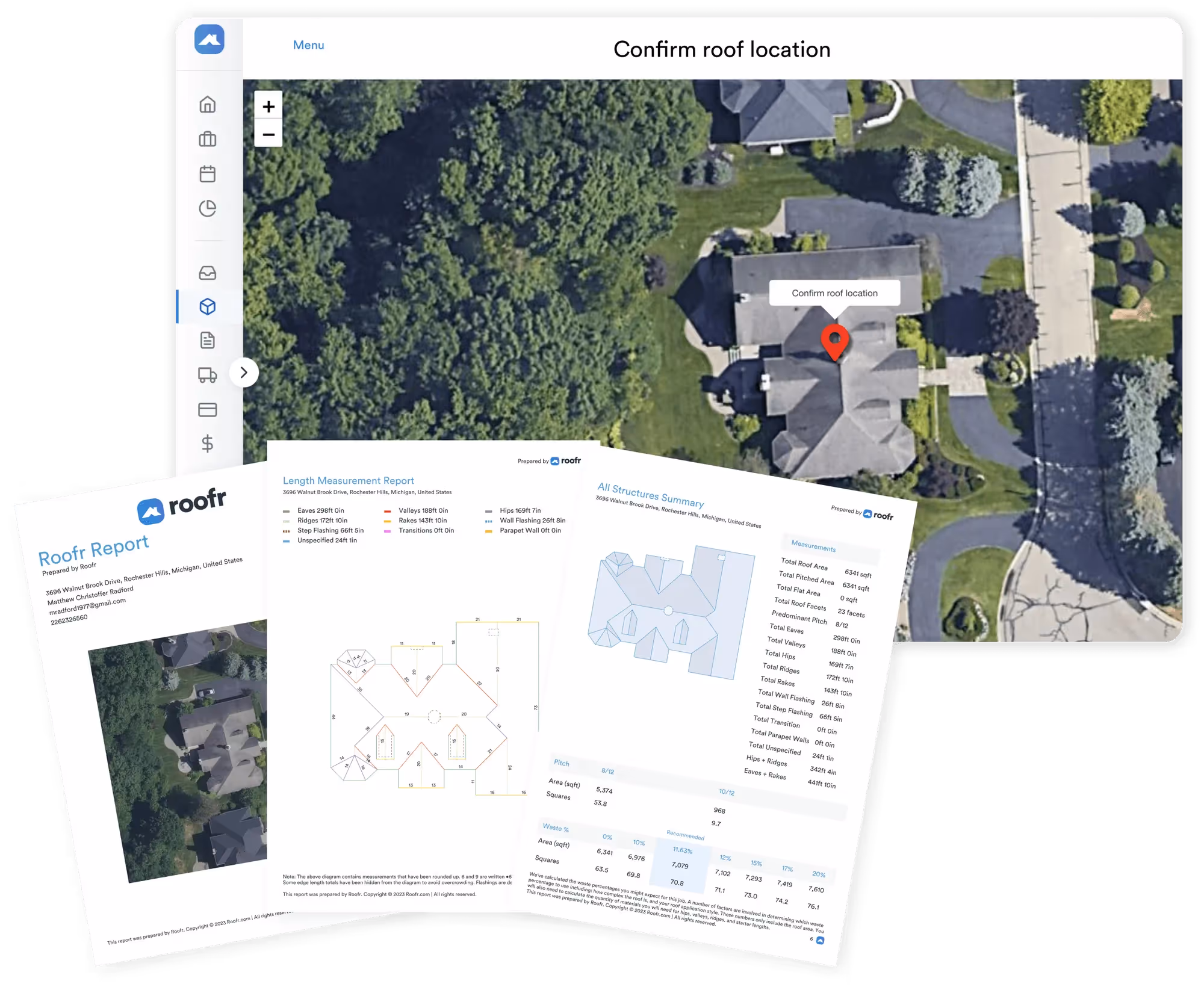 Mockup images of Roofr's roofr measurement report tool, showing an aerial roof photo and an example Roofr Report.