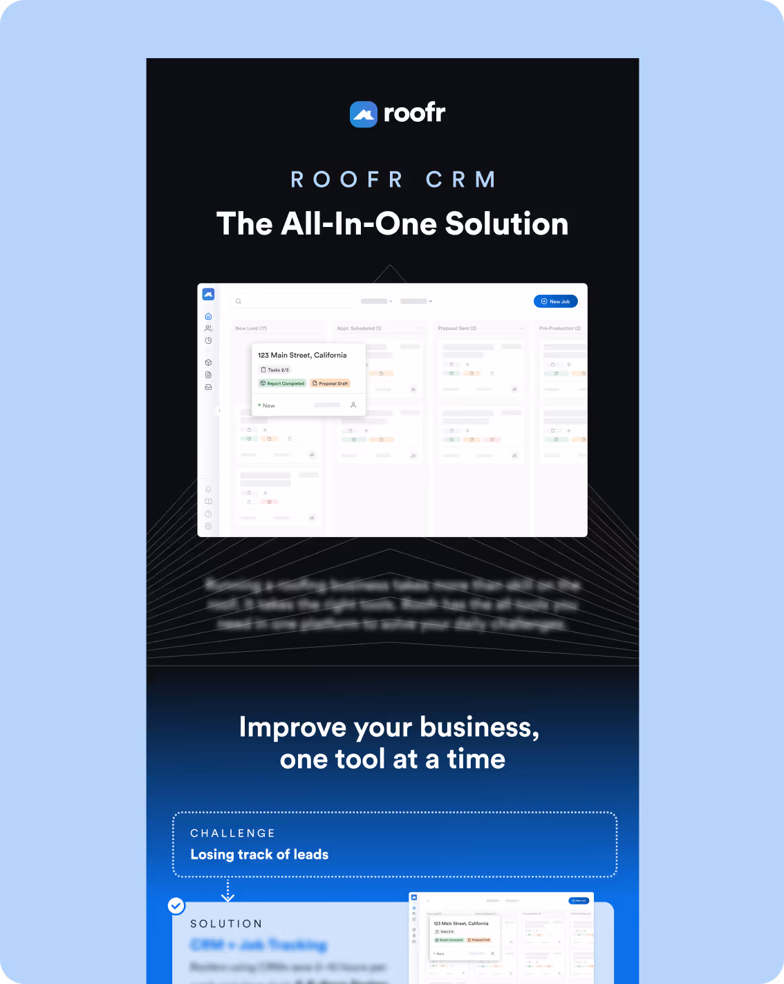 Preview of the infographic 1pager showing a image of the Roofr CRM feature