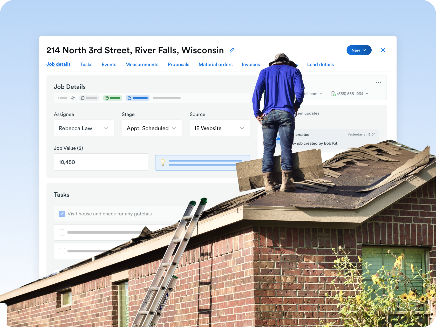 Roofer walking on a house with the Roofr CRM feature in the back end