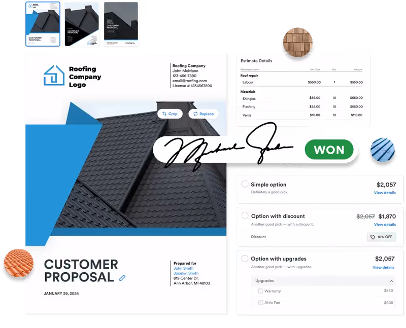 Screenshots of an example Roofr proposal, including a cover page, estimate details, line items, and a customer signature.