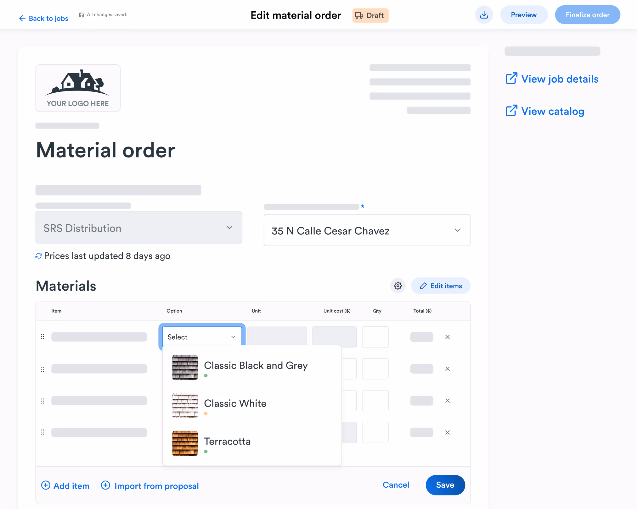 A screenshot of an example material order inside of the Roofr CRM.