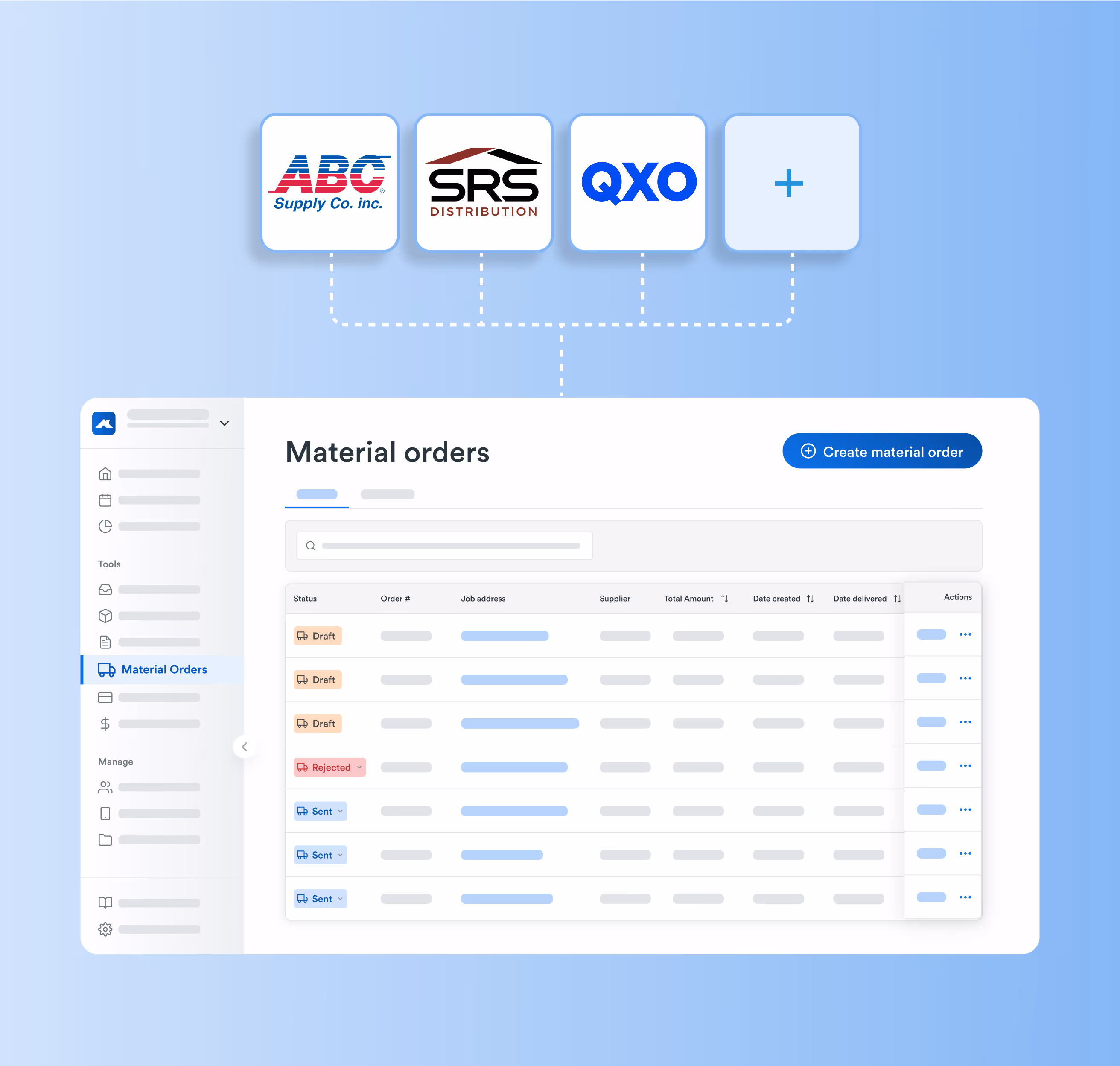 Suppliers including ABC, SRS, and QXO integrated directly into Roofr's material orders feature.