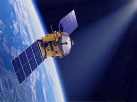 An image of a satellite in space, representing satellite imagery of residential and commercial roofs, used for modern roofing measurements and estimates.