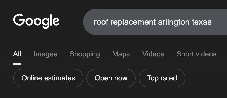 A screenshot of a Google search result showing the new Online estimates button below a search for roof replacement.