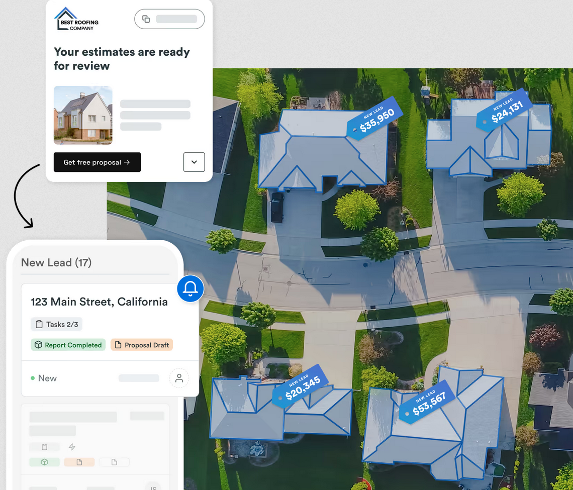 An example of how Roofr's Instant Estimator works, showing screenshots of the customer receiving an estimate for review, and that becoming a lead directly in the Roofr backend.