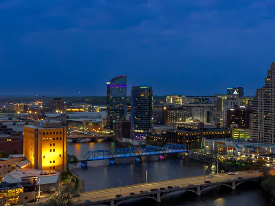 Skyline of Grand Rapids, Michigan at night. 