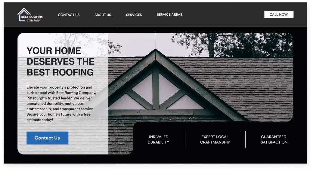 An example screenshot of a roofing website for best roofing company, including clean design, info, SEO, and CTA.
