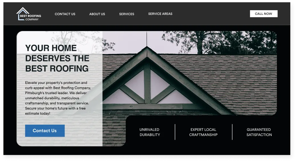 An example screenshot of a roofing website for best roofing company, including clean design, info, SEO, and CTA.