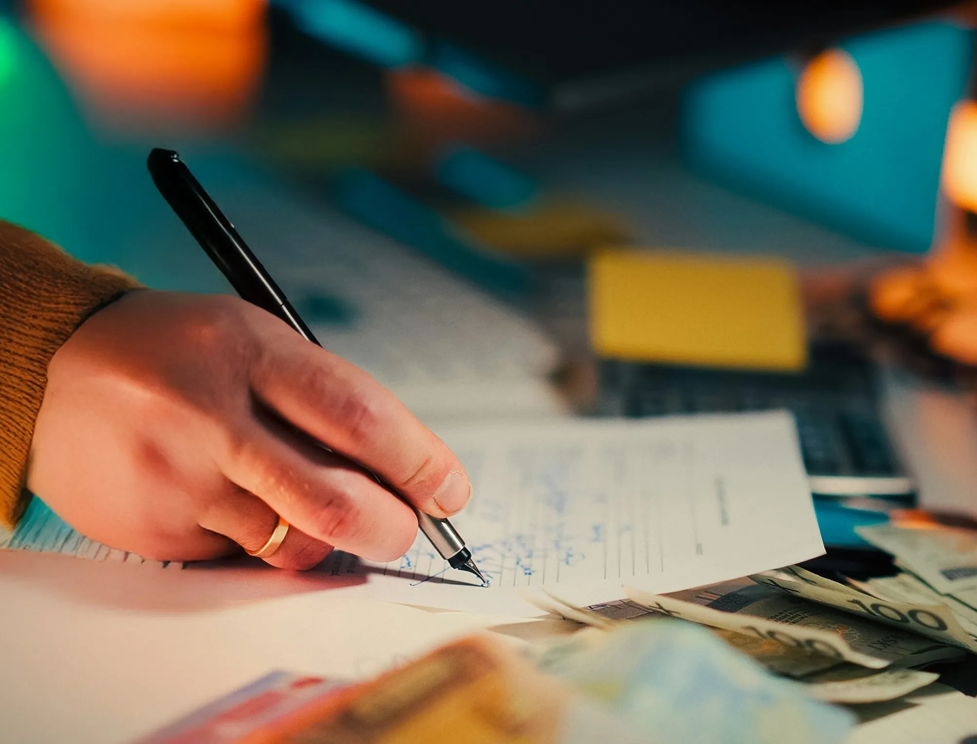 A photo of someone holding and signing a roofing contract with a pen.