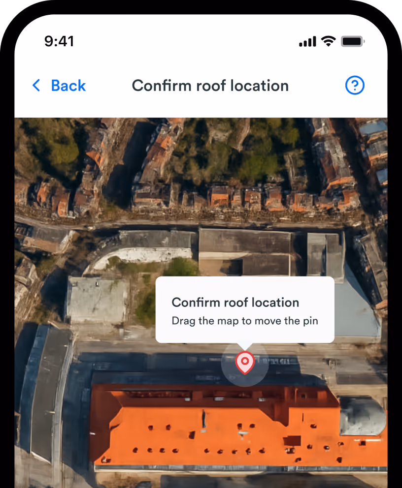 An example of a Roofr measurement report with satellite imagery on a mobile phone.