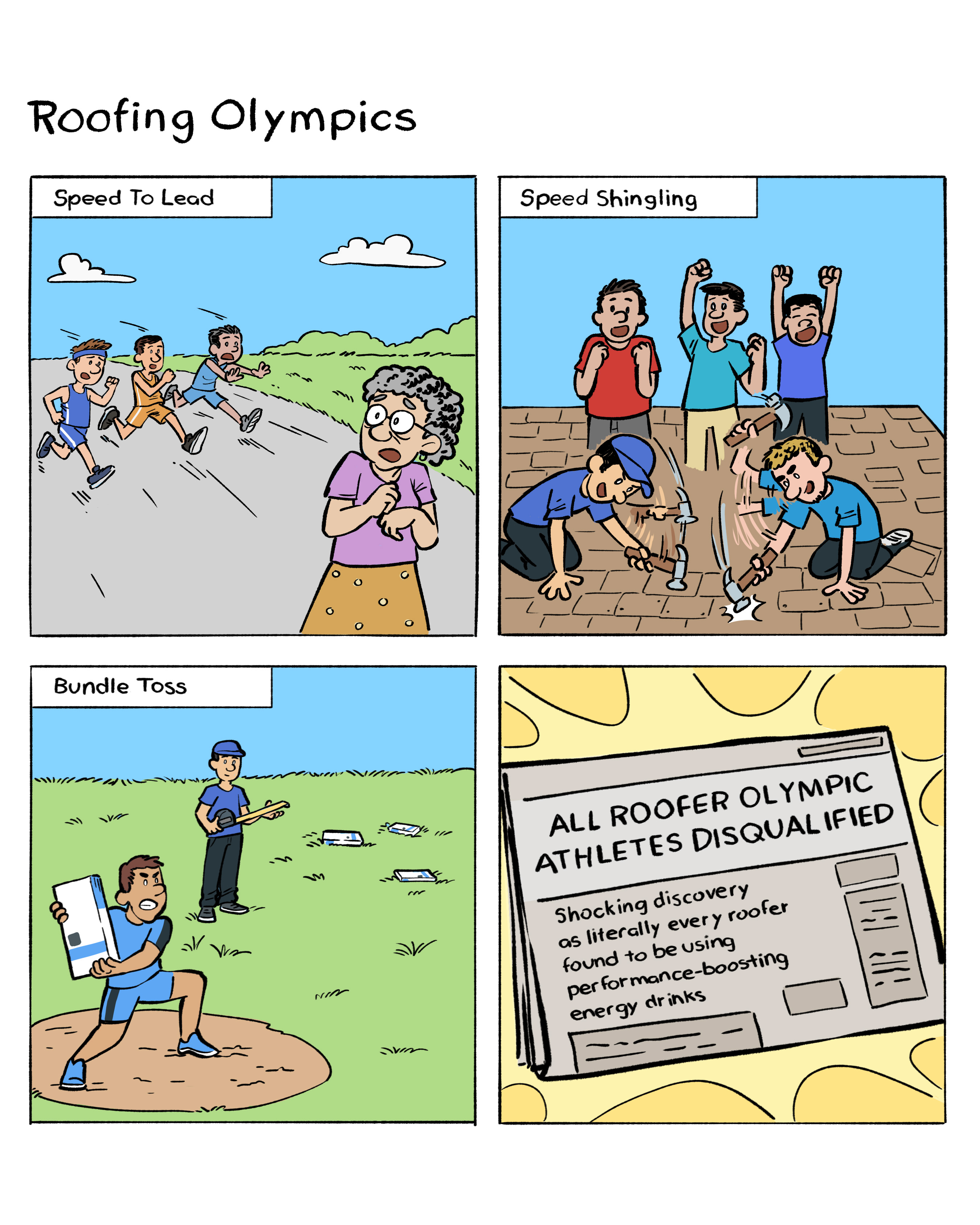 Four square comic strip turning roofing activities into olympic sports