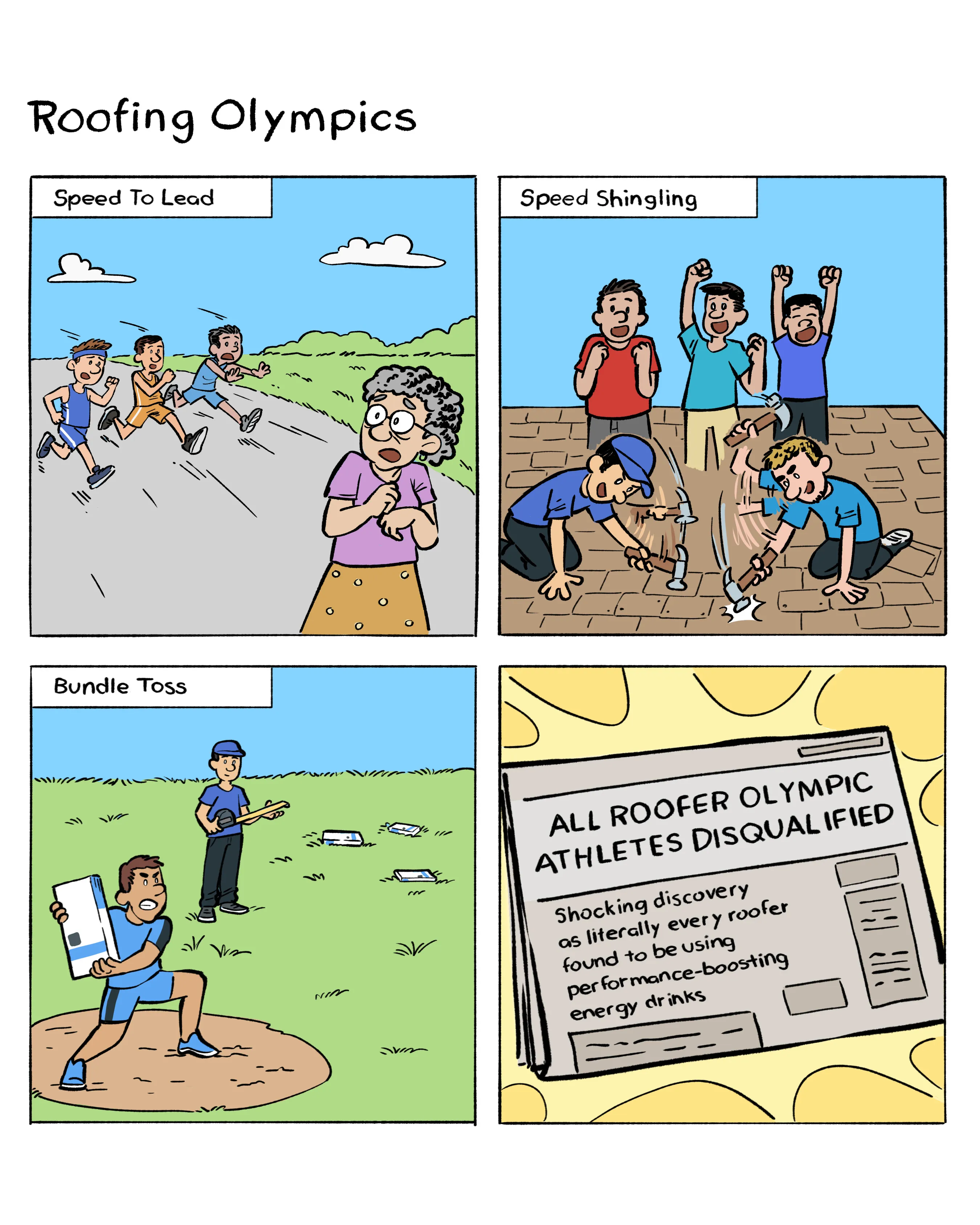 Four square comic strip turning roofing activities into olympic sports