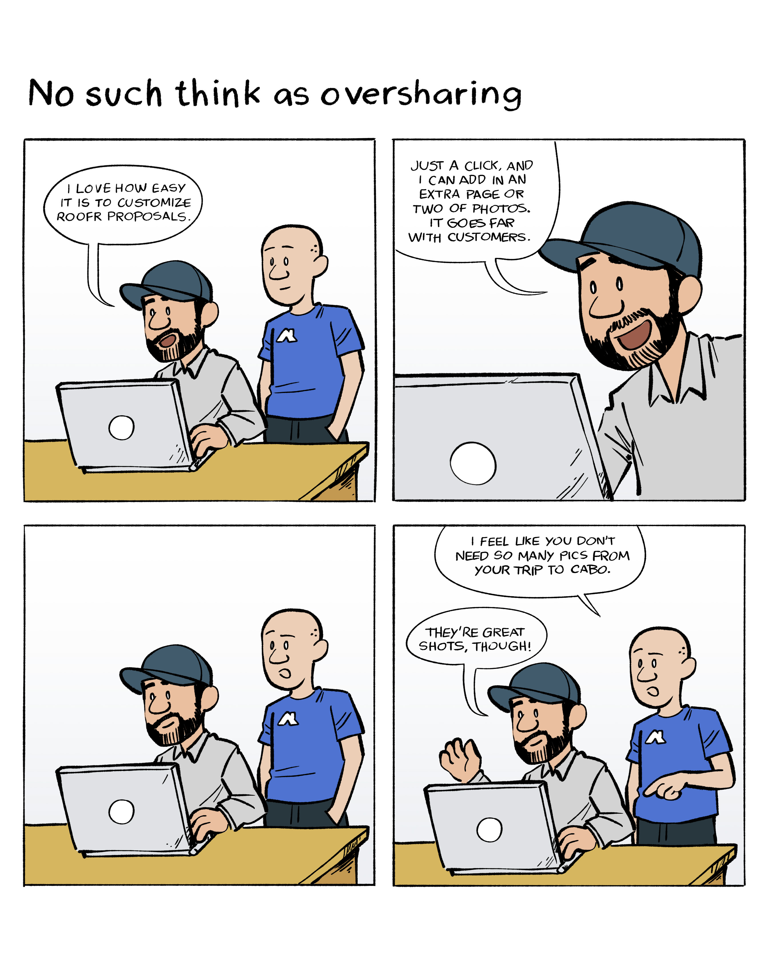Four square comic strip of Nic putting pictures of his trip into a customer proposal