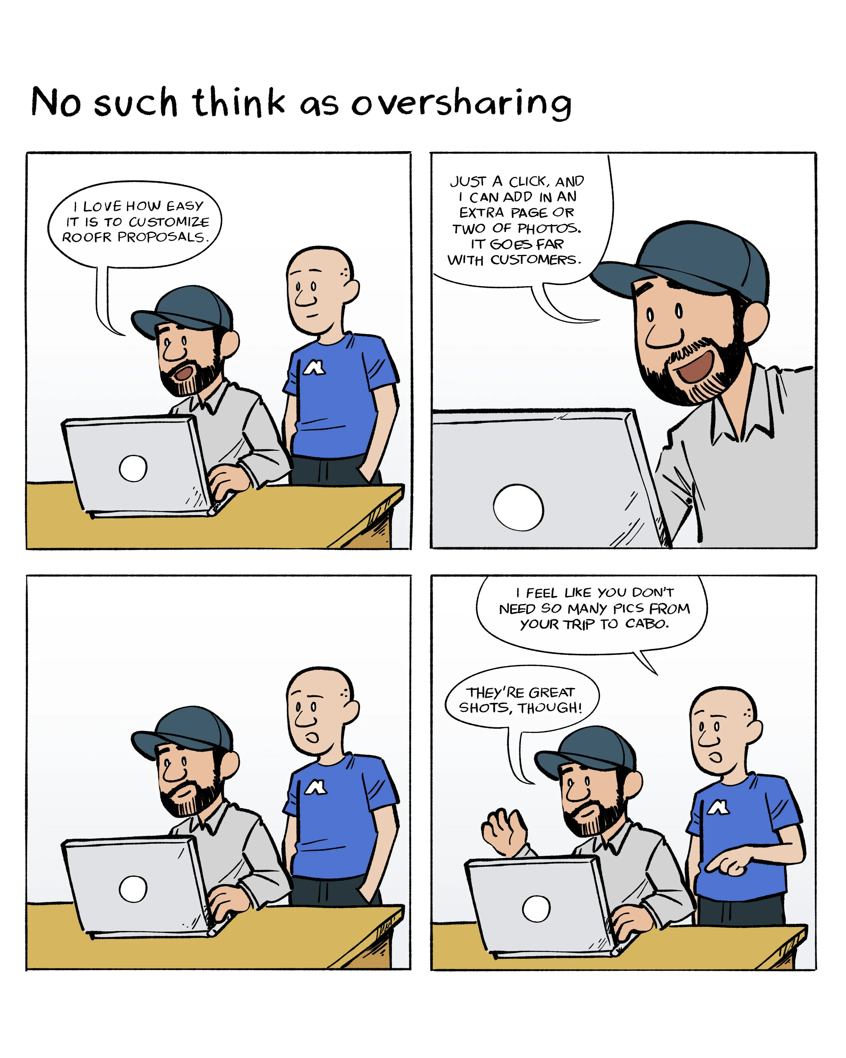 Four square comic strip of Nic putting pictures of his trip into a customer proposal 