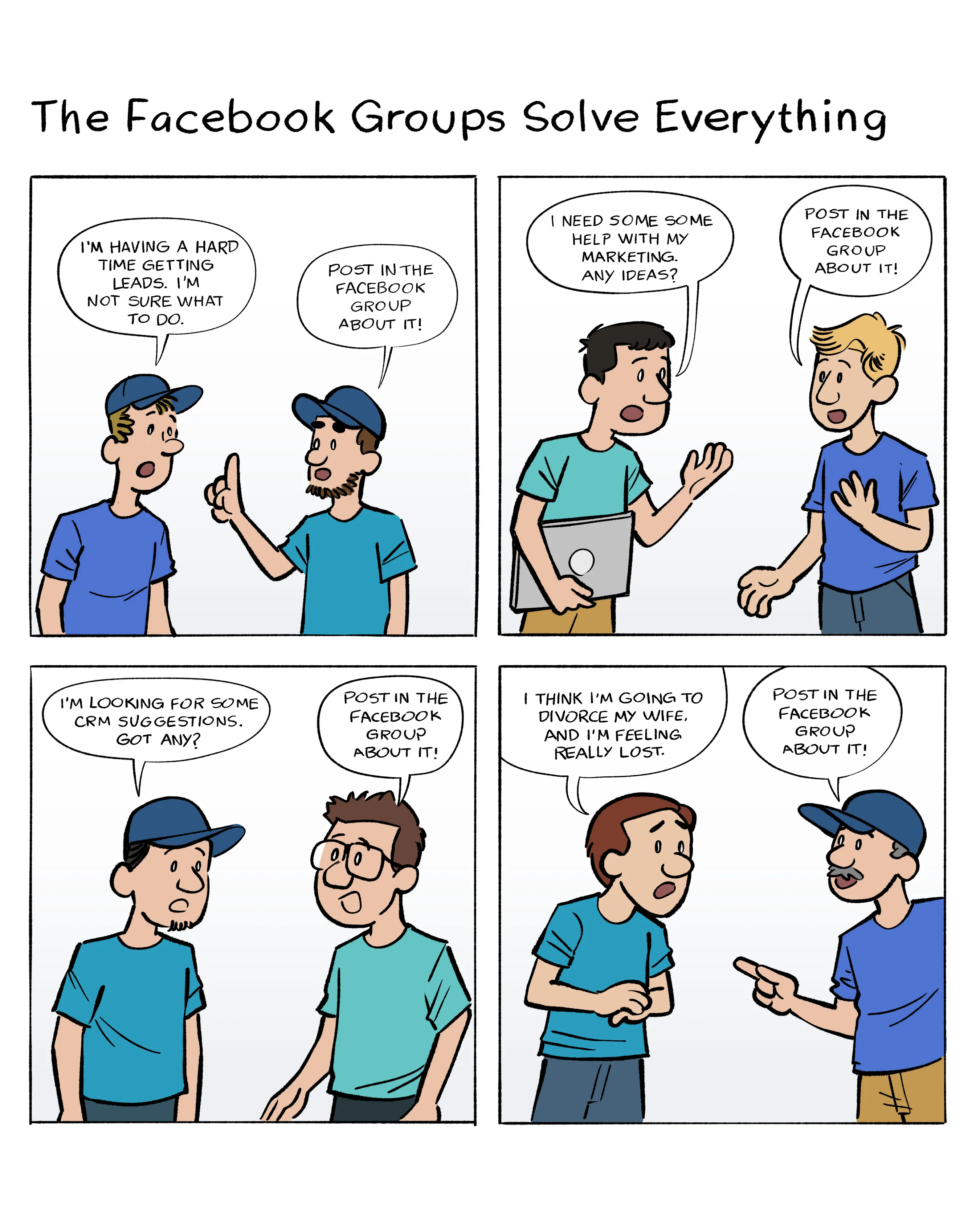 Four square comic strip about roofers asking for advice from facebook groups