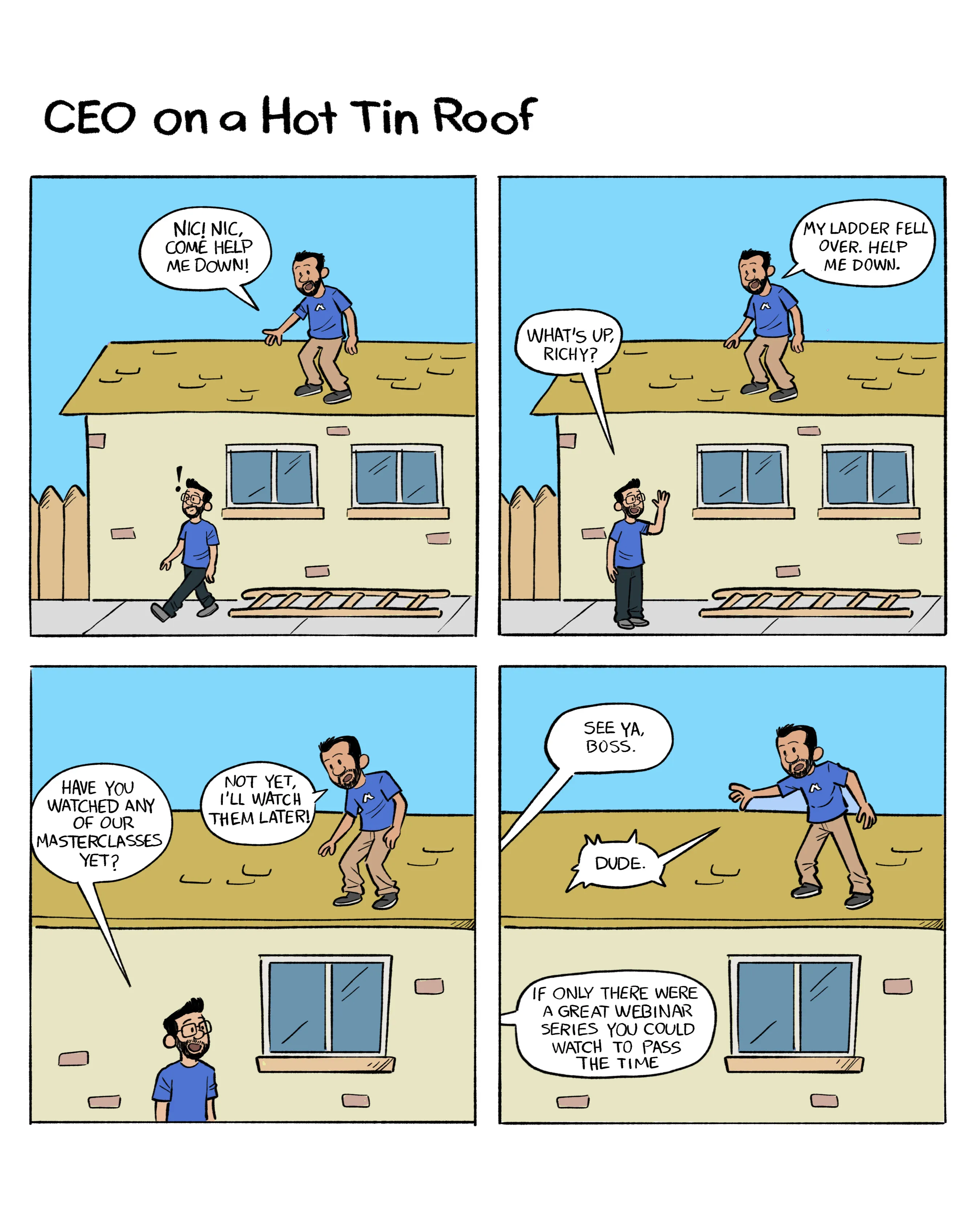 Four square comic strip of the Roofr CEO being left on a roof