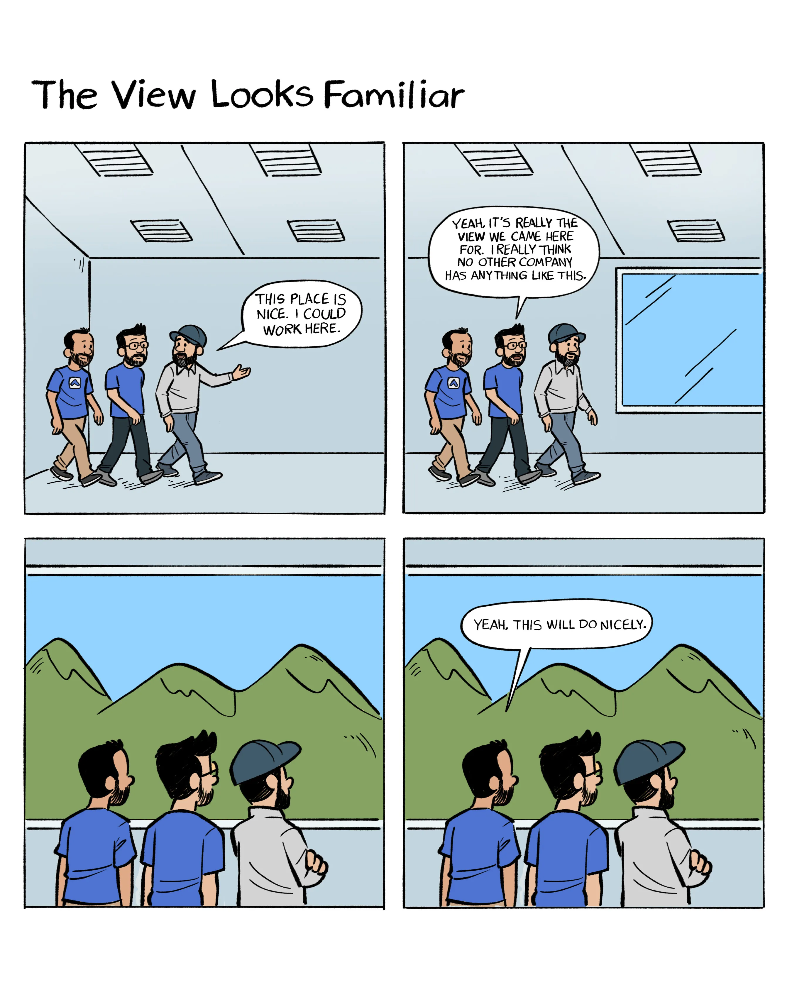 Four square comic strip about the view from an office.