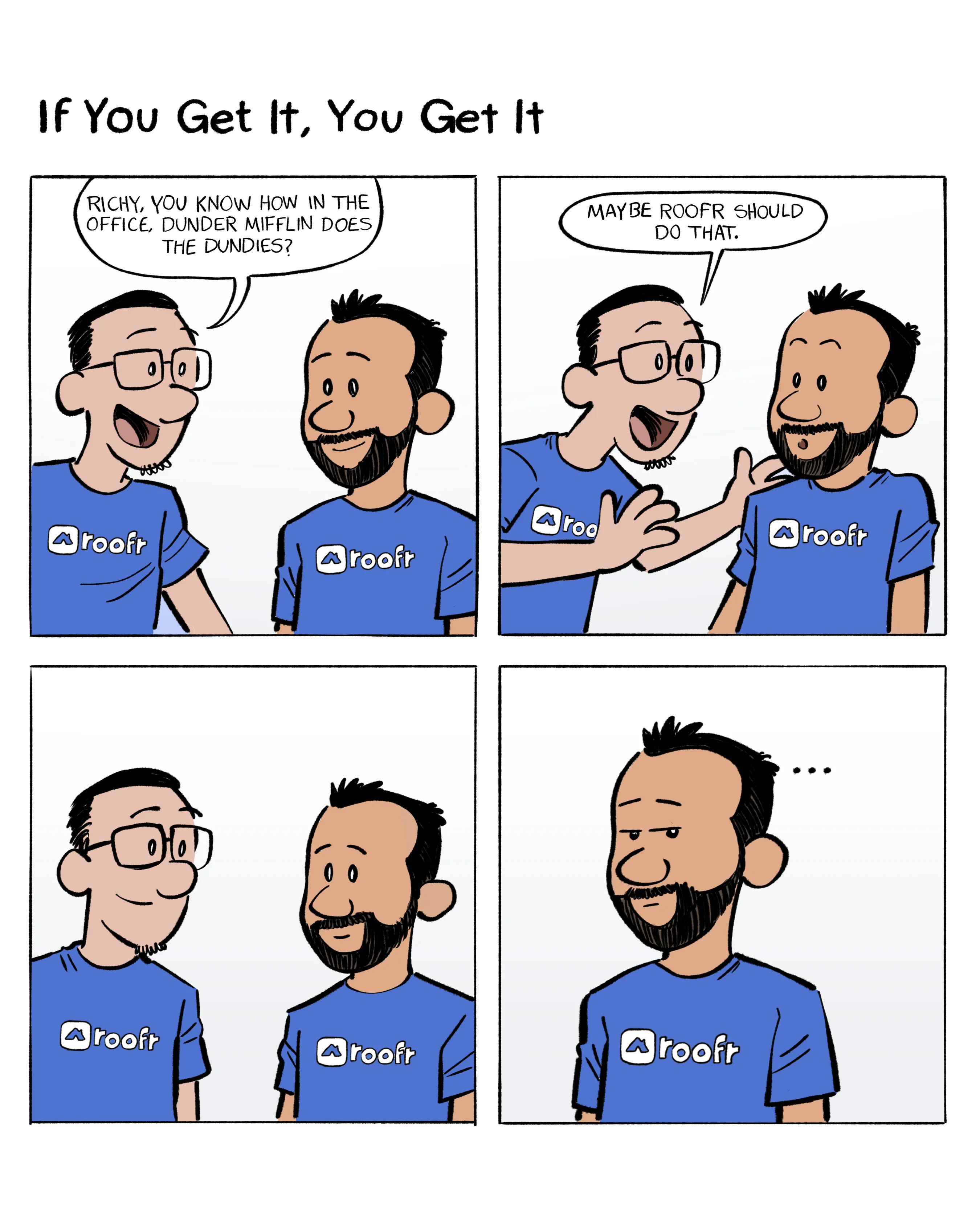 Four square comic strip with a play-on-word of Roofr