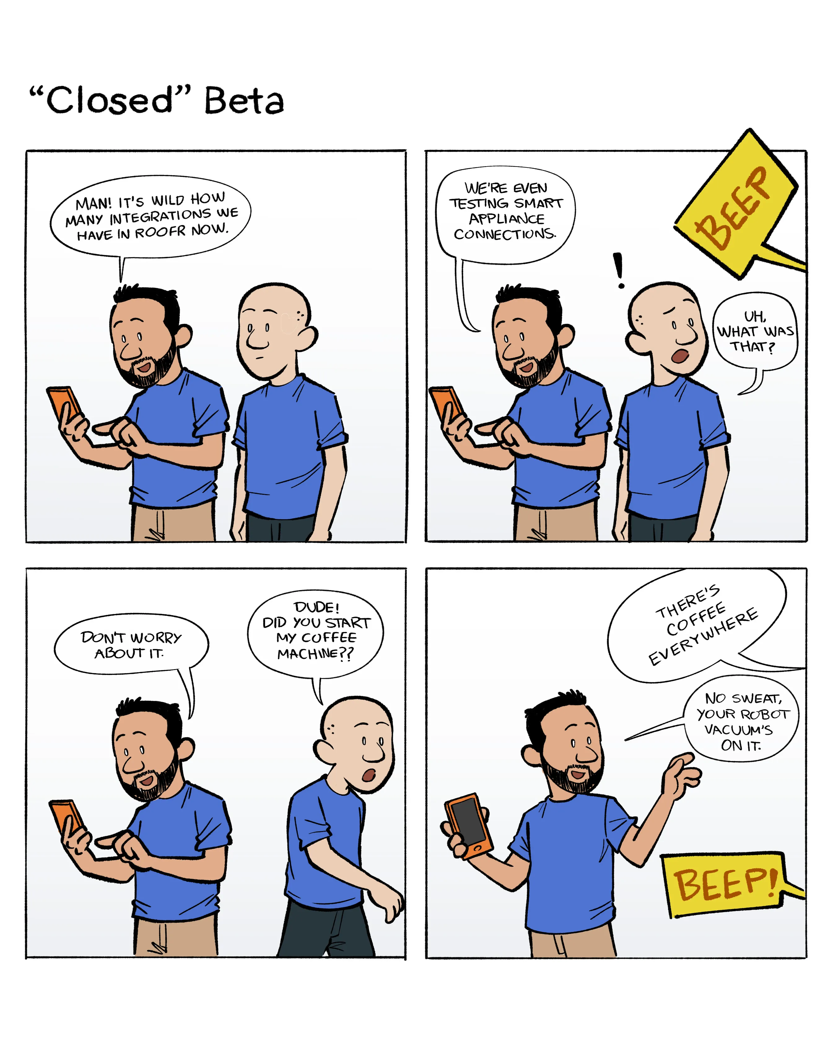 Four Square Comic Strip of Richy connecting all his tech to his Roofr dashboard