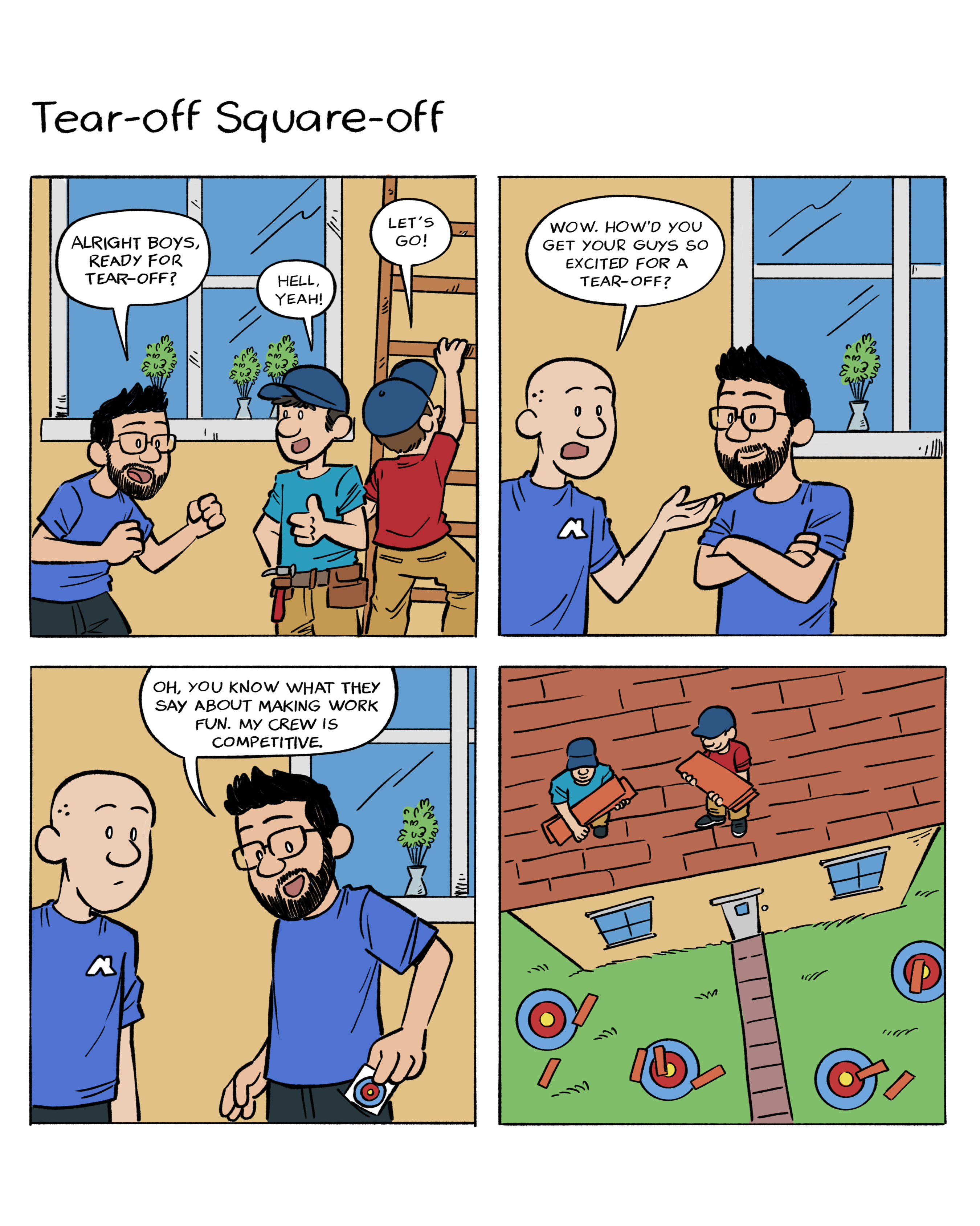 Four square comic strip of roofers throwing shingles onto targets 