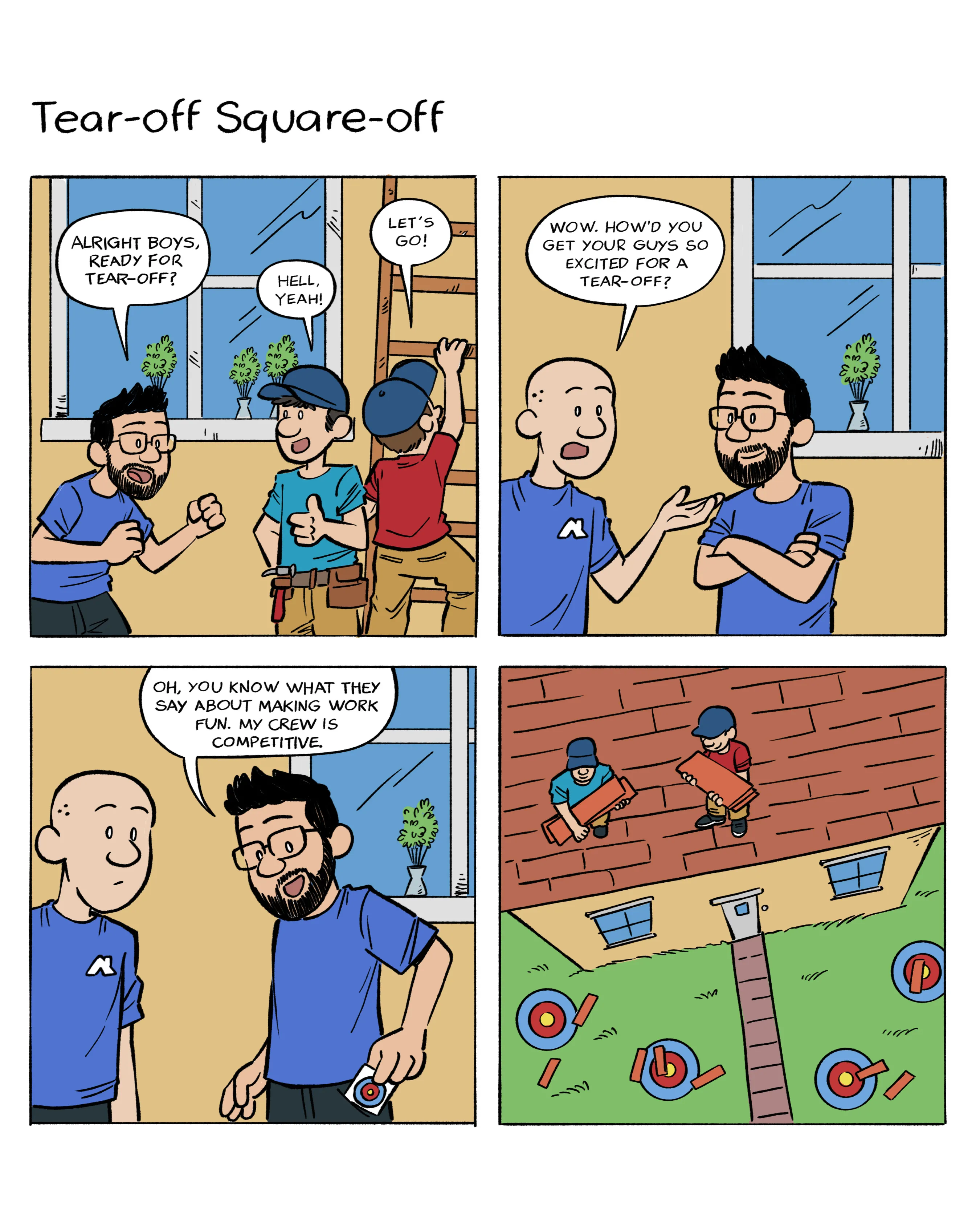 Four square comic strip of roofers throwing shingles onto targets 