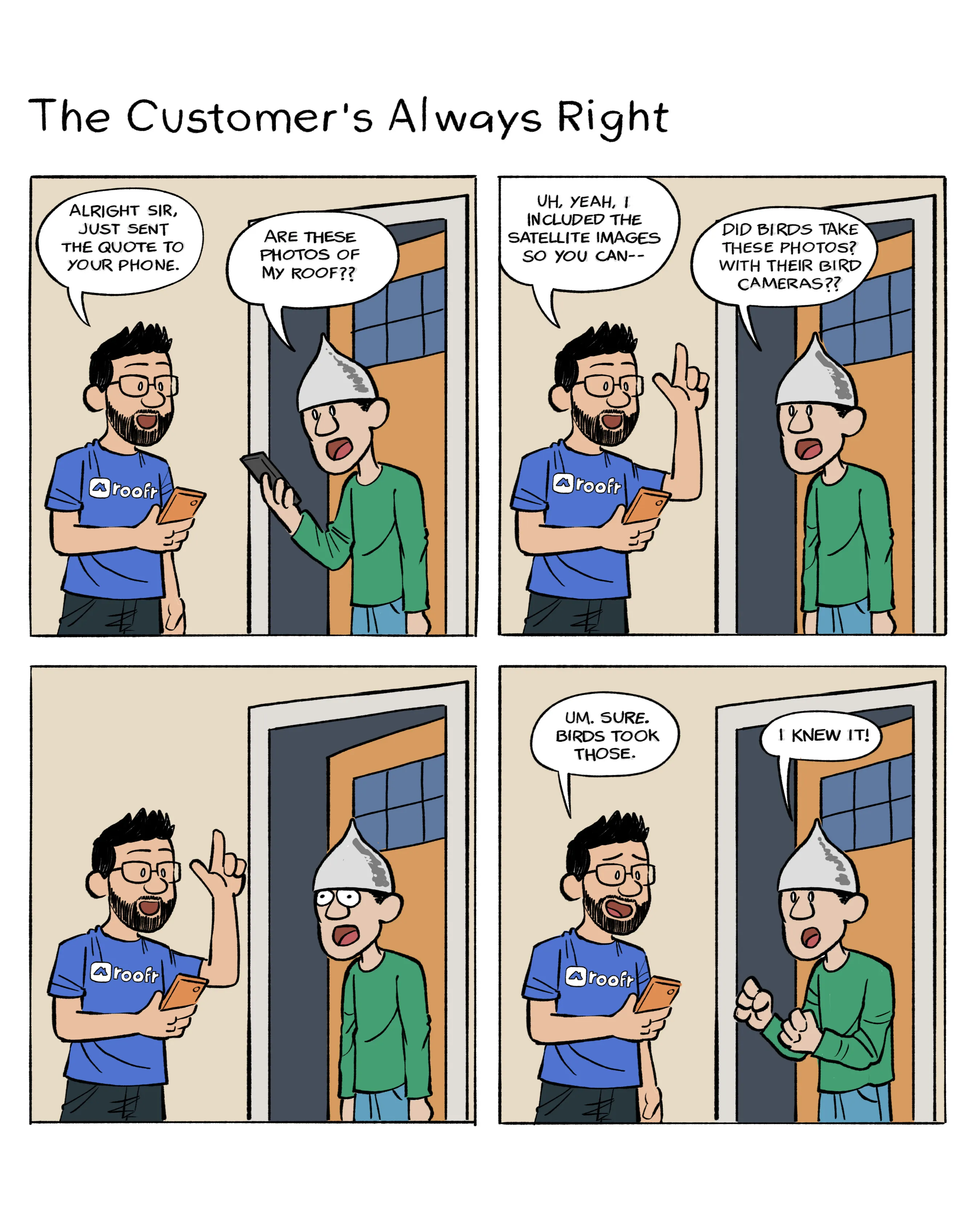 Four square comic of a customer who things birds are drones