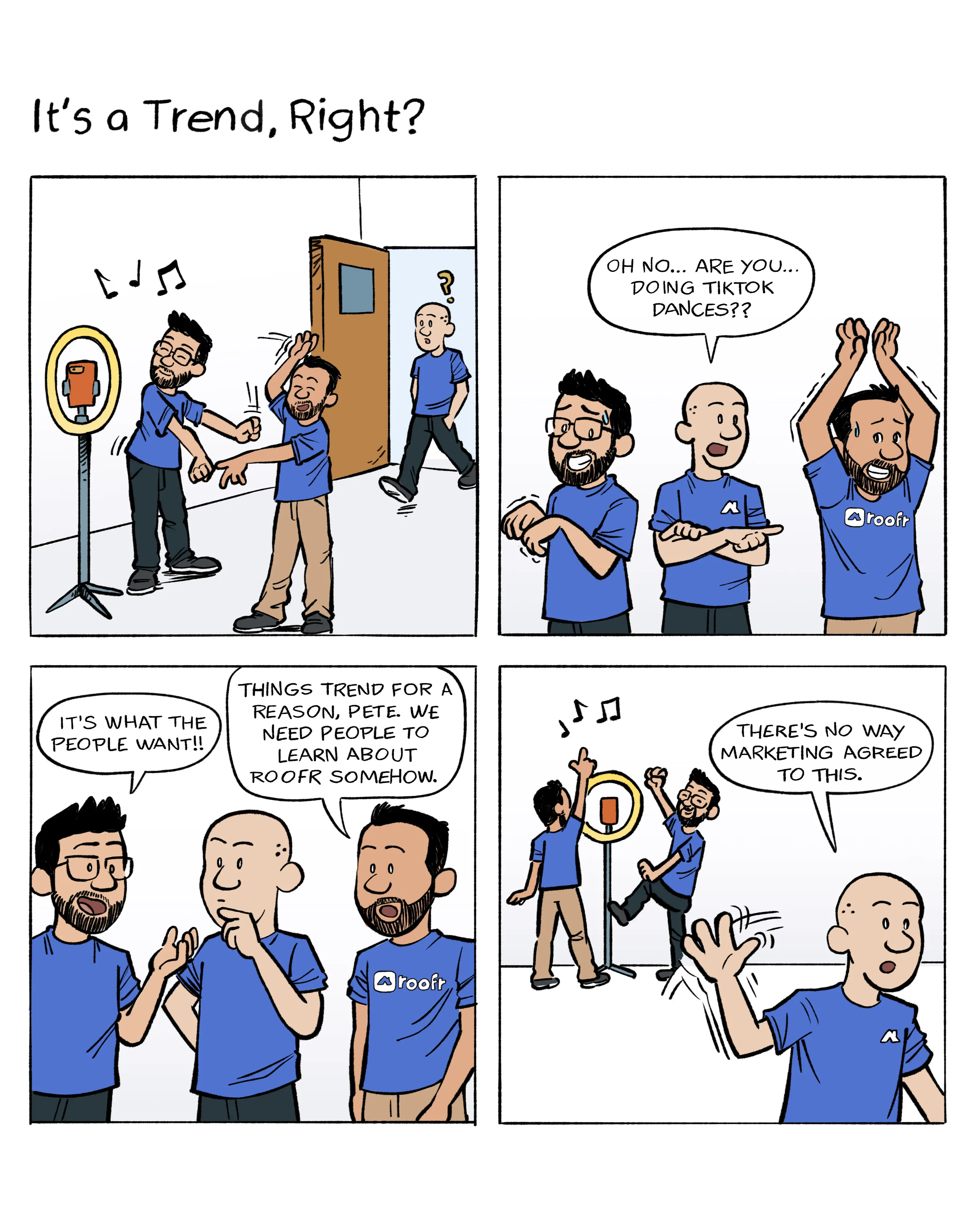 Four square comic strip of the Roofr CEO and Nic doing tiktok dances