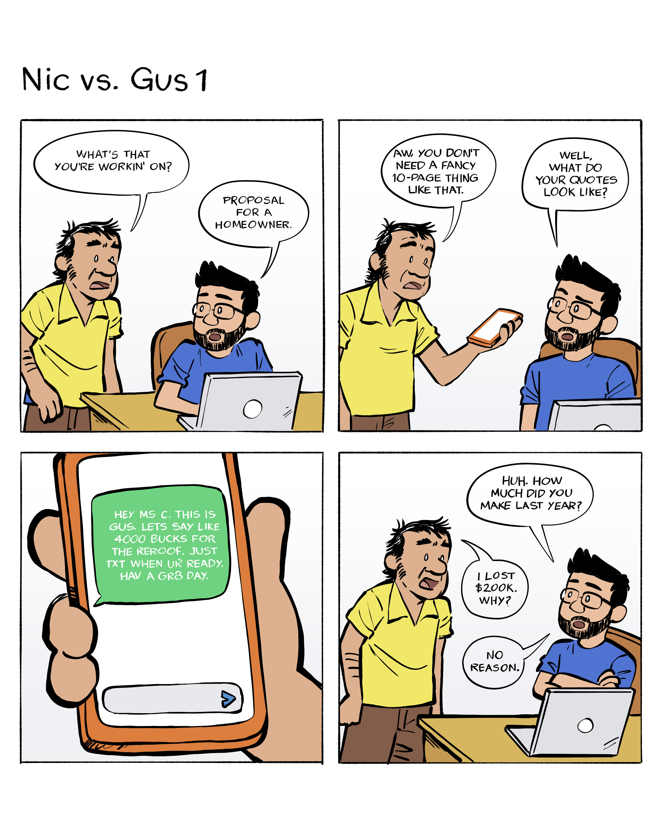 Four square comic strip of an old school roofer vs a new school one who uses tech