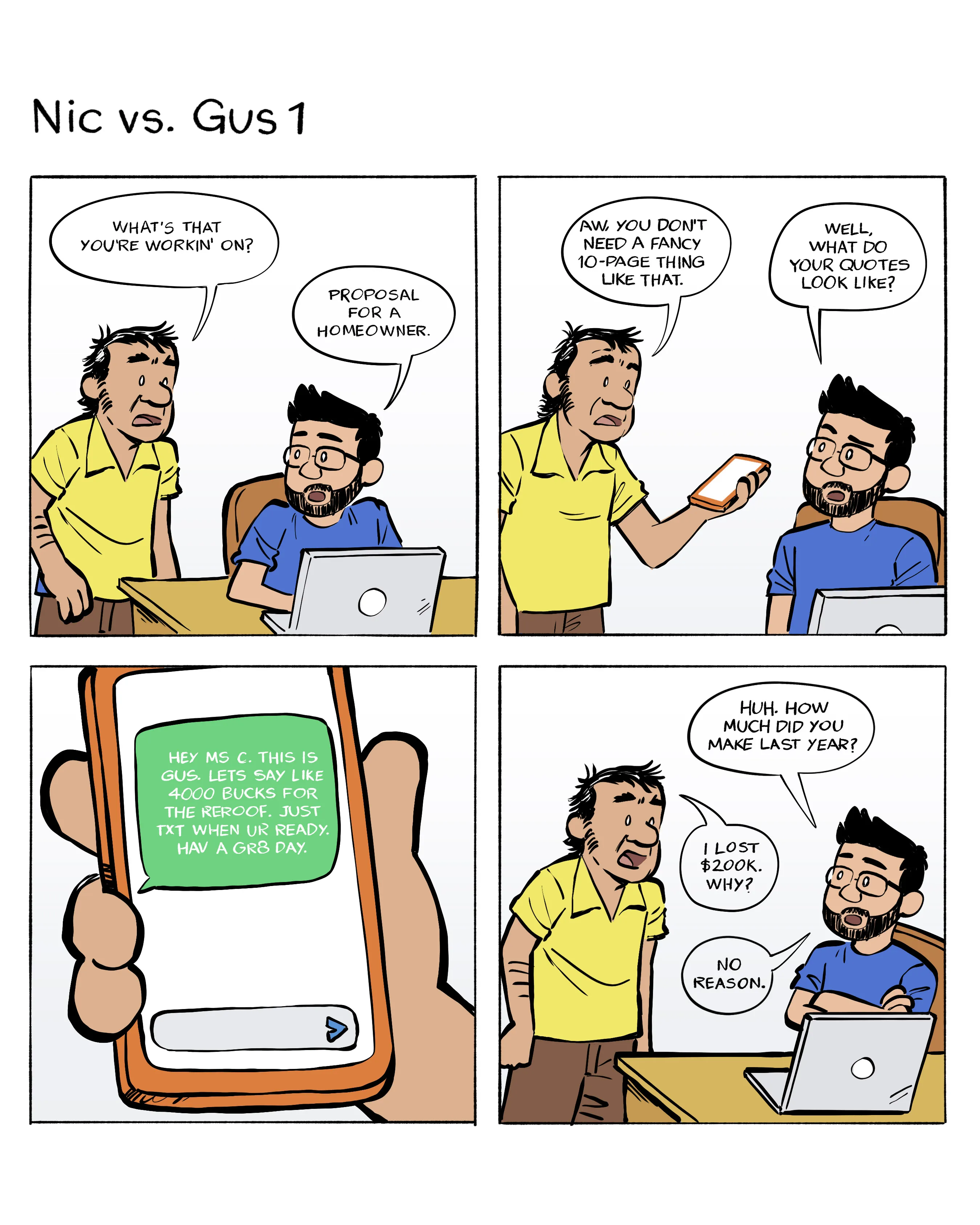 Four square comic strip of an old school roofer vs a new school one who uses tech
