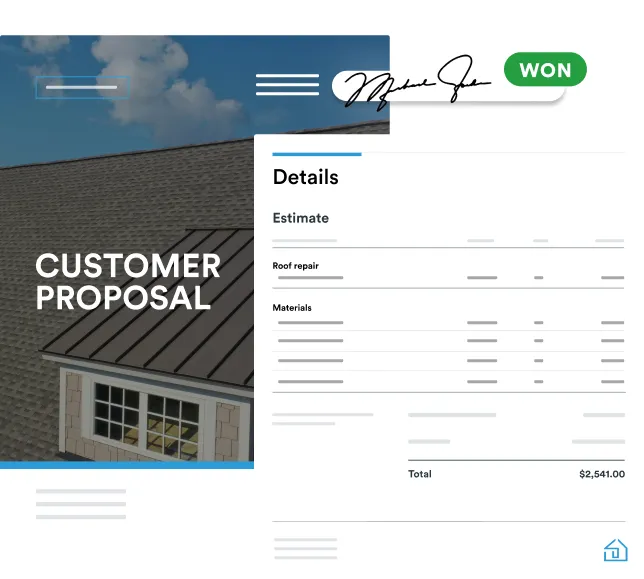 Screenshot of Roofr Proposal with a cover page featuring a photo of the roof and a quote at a glance 