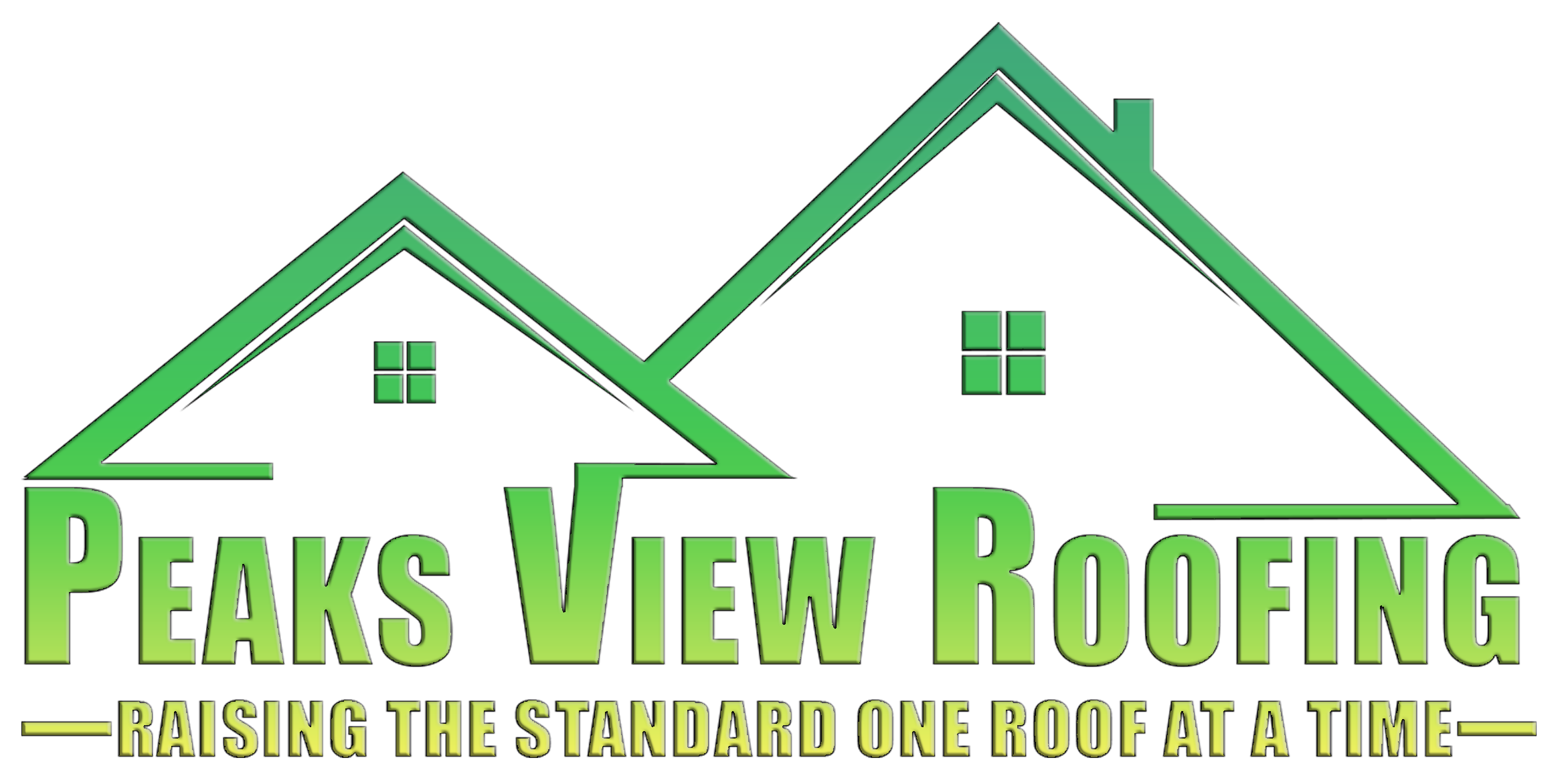 Logo for Peaks View Roofing with two A-frame houses in green