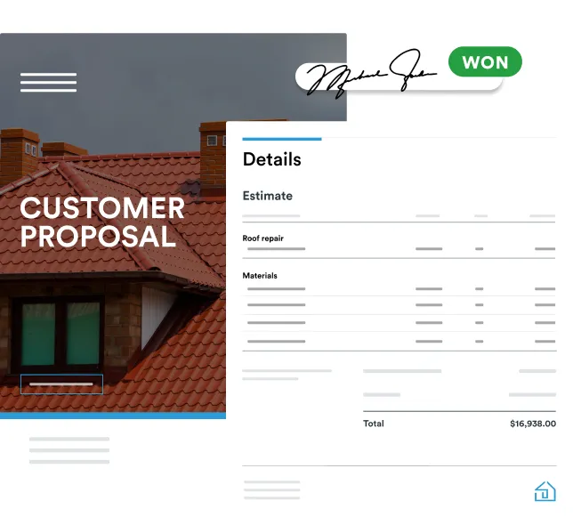 Screenshot of Roofr Proposals with a cover page and quote sent to a customer.