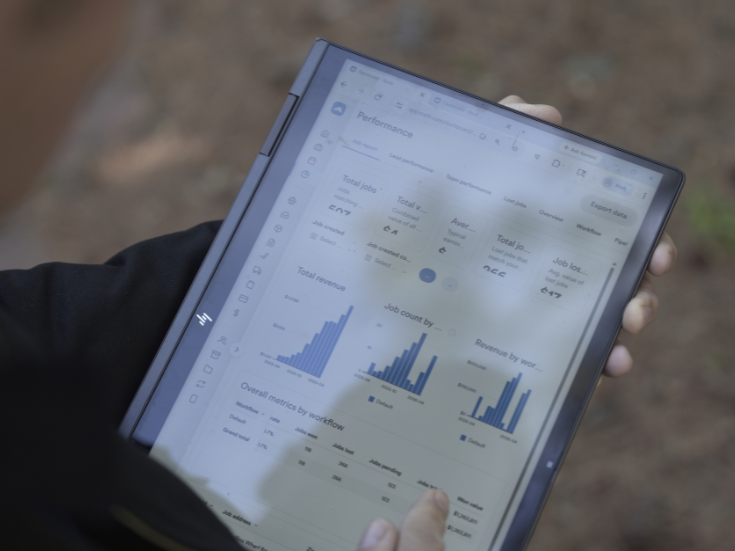 Roofr Performance Dashboard showing metrics of how a roofing business is doing on a tablet