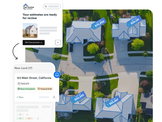 A visual example of how Roofr's Instant Estimator works, where homeowners get an instant quote and roofers get instant lead data to follow up on.
