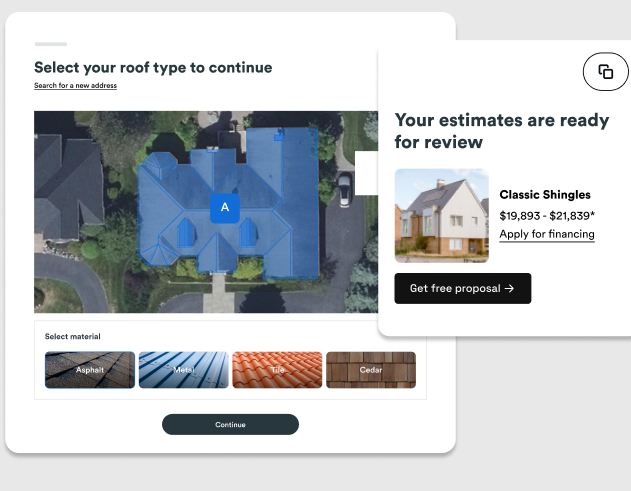 Screenshot of the Instant Estimator estimate ready for review, including an aerial view of the house and a quote for classic shingles.