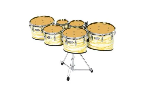 A tenor set with yellow drumheads on a white background.