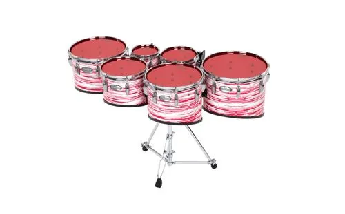 A tenor set with red drumheads on a white background.