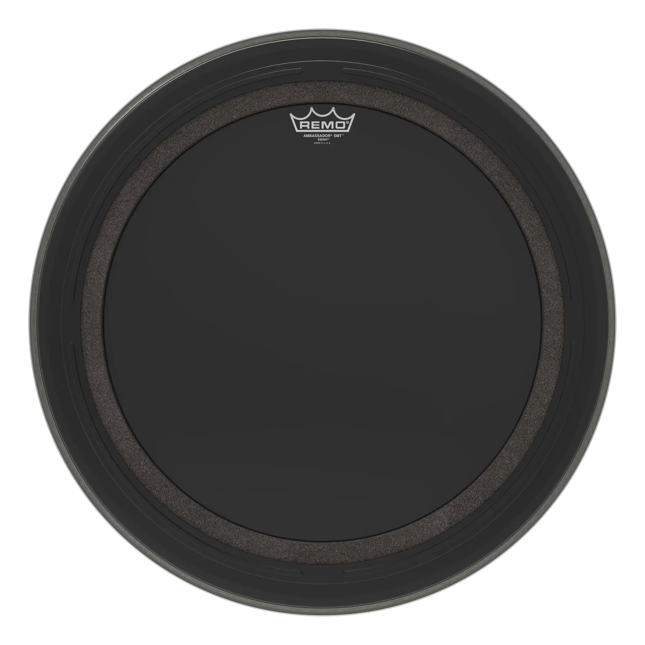 The Ambassador® SMT™ Ebony® bass drumhead is a pre-muffled design featuring Sub Muffl® Technology. 