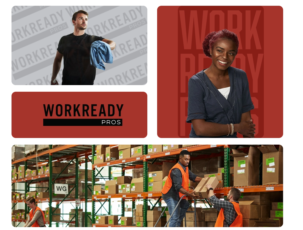 A collage of temp workers and workers working shifts for work ready pros