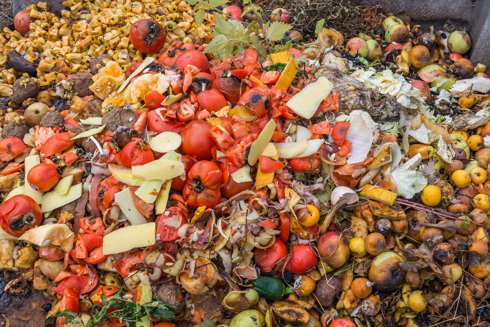 Pile of mixed food scraps including tomatoes, fruit, cheese, and vegetables.