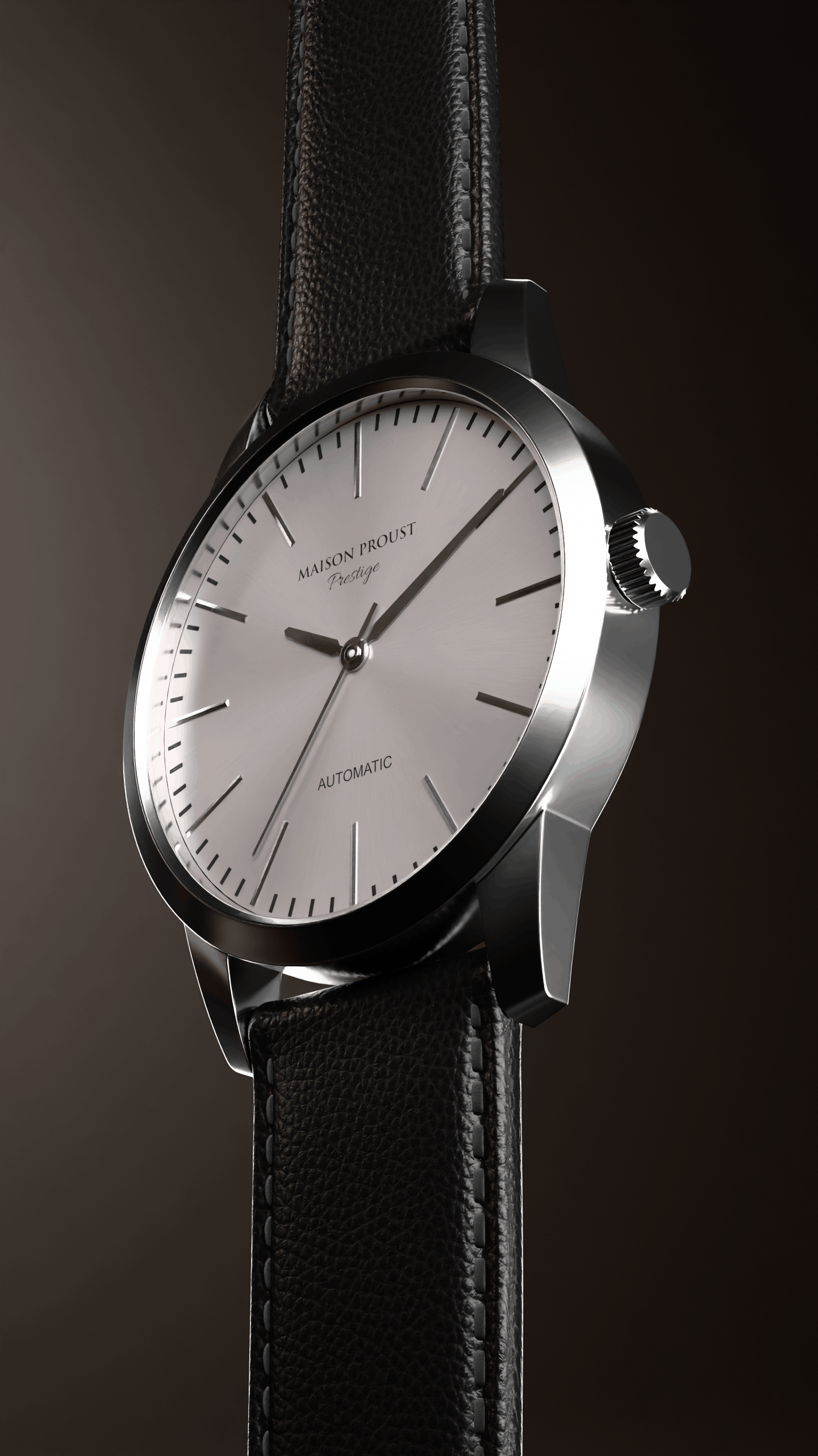 Close-up of a Maison Proust Prestige automatic wristwatch with a silver dial and black leather strap against a dark background.