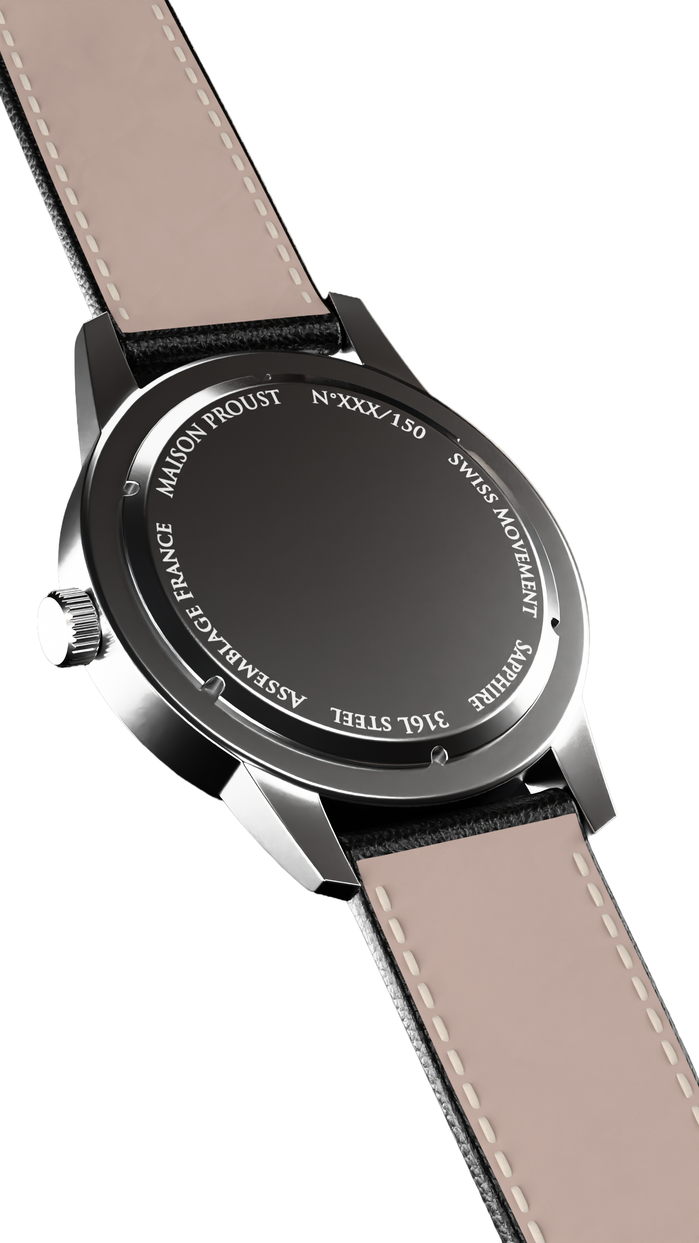 Back of a wristwatch with black leather strap and beige stitching showing engravings of Maison Proust, Swiss movement, sapphire, 316L steel, and assemblage France.