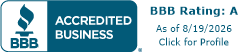 BBB Accredited Business seal showing a BBB rating of A for Sam's Roadside Service