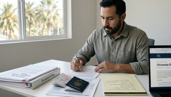man working on immigration paperwork at a desk
