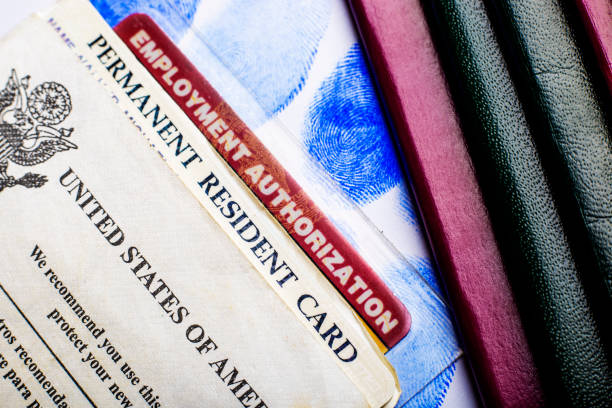 Close-up of a U.S. Permanent Resident Card, Employment Authorization Document (EAD card), and multiple passports stacked together.